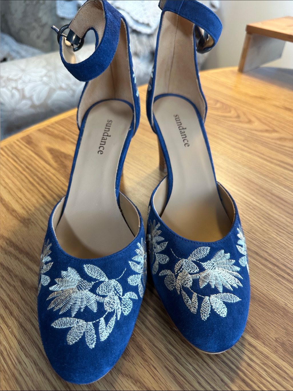 Sundance Embroidered Sapphire Blue Ankle-Strap Heels, 11m, 3” Stacked Heel